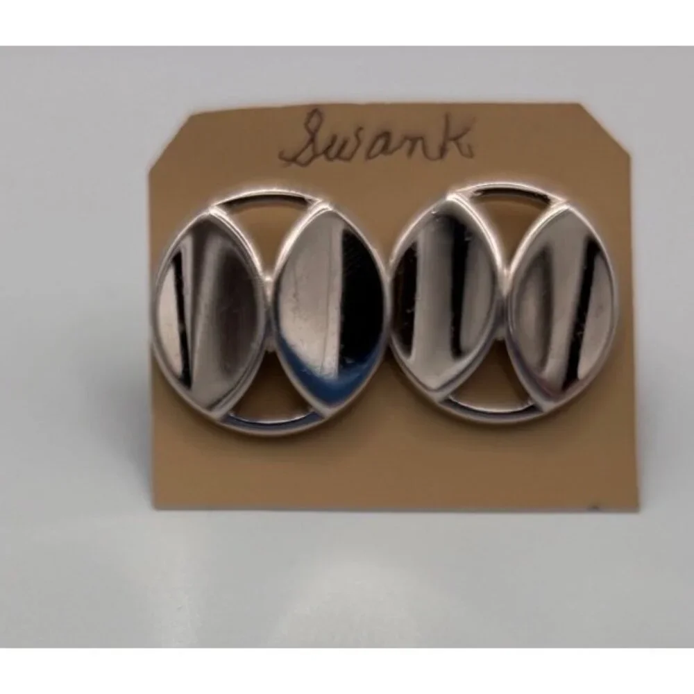 Vintage Swank Silver-Tone Oval Cufflinks Geometric Design For Men